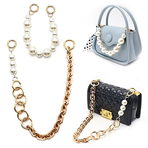 4 PCS Purse Chain,Gold Heavy Chunky Purse Chain 0.7" Wide & Large Imitation Replacement Pearl Chain,2 PCS Metal and Pearl Purses Strap Extender for Handbag Shoulder Bags