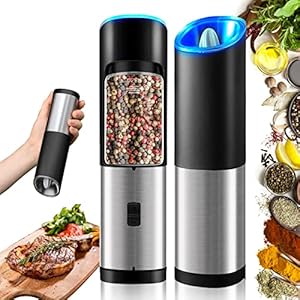 Electric Salt and Pepper Grinder-Gravity Automatic Spice Mill Set-Battery Powered w/LED Light, Adjustable Coarseness, One Hand Operated Smart Kitchen Gadgets, Stainless Steel, 2 Pack