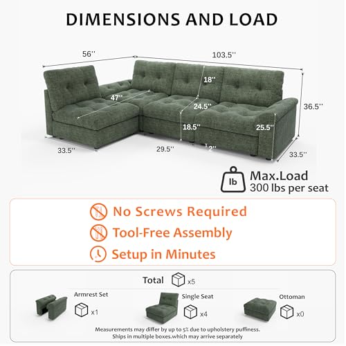Image of Oversized Modular Sectional Sofa with Storage, Modern Deep Seat Cloud Couch for Living Room, L-Shaped Large Sectional Couch, 3 Seater with 2 Ottomans, Green