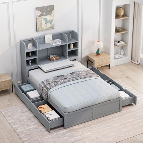 Estrutura multifuncional para cama de casal com 4 gavetas de armazenamento portáteis embaixo da cama