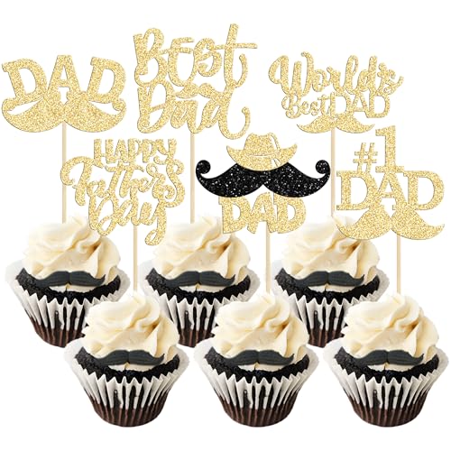 Gyufise 24Pcs Gold Glitter Father's Day Cupcake Toppers Happy Father's Day World's Best Dad Cake Toppers Birthday Party Cake Decorations Toppers Picks for Father's Birthday Party Supply
