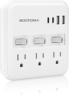 USB Wall Charger Multiport , 3 AC Power Outlet Splitter with Individual Switch, Wall Outlet Extender with USB C Power Stri...