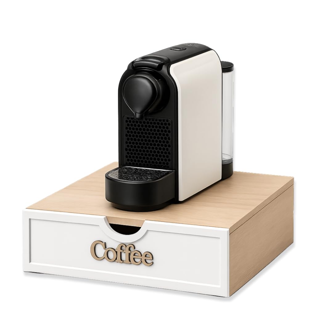 Porta Cialde Bianco Coffee con Cassetto e Ripiano Resistente - In legno – Organizer Classico per Cialde, Capsule e Tisane A 3 Scomparti – Porta Capsule Caffè – Ideale per Cucina, Ufficio, B&B (coffee)