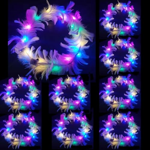 10 Pcs LED Feather Headbands LED Flower Crown Headband Light up Flower Head Garland Luminous Party Hair Accessories Flower Crowns Fairy Lights for Lighted Party Wedding Rainbow Head Band