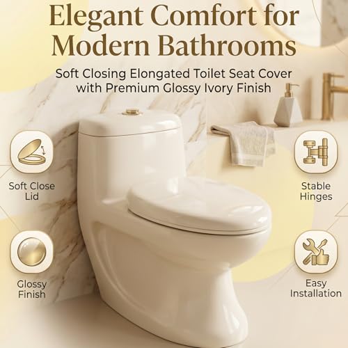 Image of ELEGANT CASA Polypropylene Soft Closing Western Toilet Seat Cover for Bathroom | Seat for Commode with Stable Hinges- Elongated Shape Design Colour Glossy Off White-Ivory-1 Set