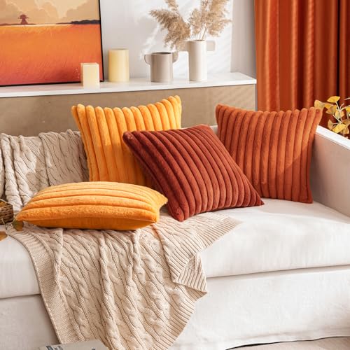 Image of MIULEE Faux Fur Decorative Throw Pillow Covers 16x16 Set of 2 Rust | Vintage Boho Fall Home Decor Soft Plush Couch Pillows Cozy Fluffy Cushion Covers for Sofa Bed Living Room