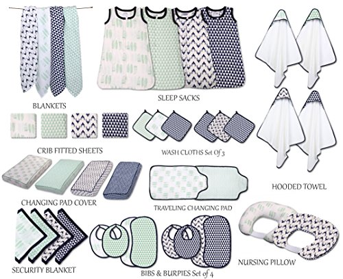 Image of Bacati - Tribal /Aztec Cotton Muslin Fabric Hooded Towels /Wash Cloths(Set of 3) (Set of 3 Wash Cloths, Feathers /Triangles Mint /Navy)
