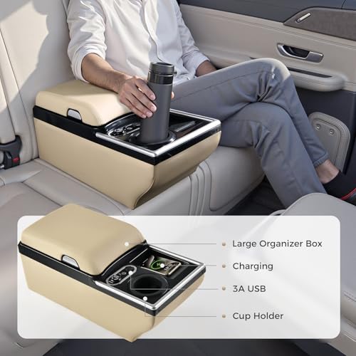 Image of Coverado Universal Car Center Console with Wireless Charging & Cup Holder, Back Seat Organizers, Rear Bench Seat Central Armrest Box with Storage, for Most Vehicles, Easy Install, Beige