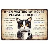 GLOBLELAND Cat Room Rules メタル ブリキ看板 "WHEN VISITING MY HOUSE Please Remember" ビンテージペインティング ブリキ看板 12x8インチ レトロウォールアート プラークポスター ホームオフィス ペットショップの装飾用