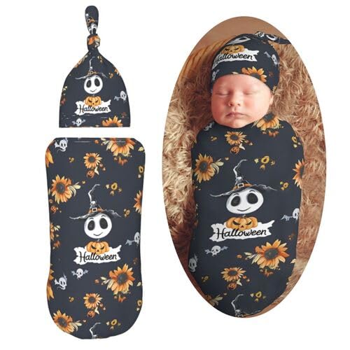 Image of AuHomea Halloween Pattern in Black Skulls Newborn Swaddle Blanket with Beanie Set Soft Baby Sleep Sack Stretch Adjustable Swaddle Wraps Receiving Blankets