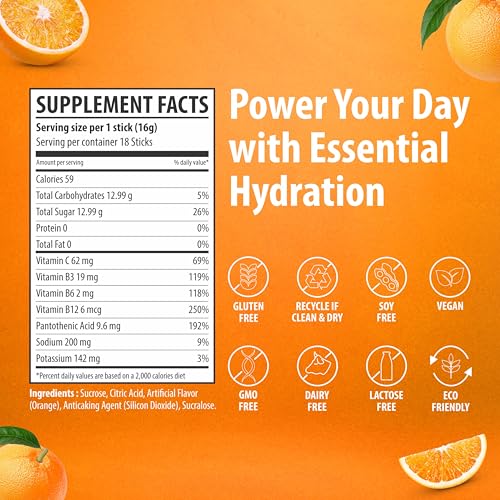 Image of Sainebio Nano Electrolyte Powder - 18 Tangy Orange Flavor Sachets | Hydration & Recovery Drink with Potassium, Vitamin C & B-Complex | Supports Energy, Electrolyte Balance & Immunity