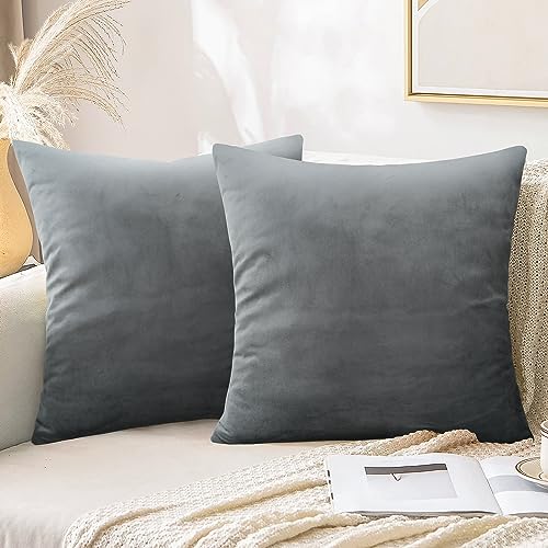 Merrycolor Pack of 2 Velvet cushion covers 45 x 45, Soft Decorative Square Throw Pillow Case 18x18 inch for Livingroom Sofa Bedroom with Invisible Zipper (Grey, 45x45cm)