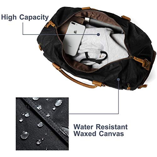 Canvas Duffel Bag,Vaschy Water-Resistant Waxed Canvas Duffle Large Leather Overnight Travel Bag with Shoe Compartment 46L Carry-on Holdall Baggage Weekend Bag