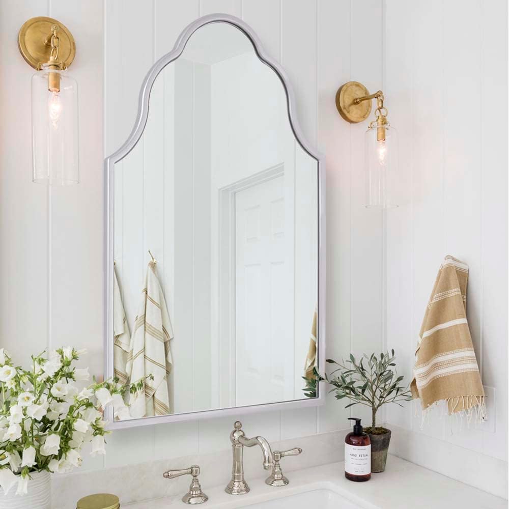Chende Arched Mirror for Wall, 32"X20" Moroccan Bathroom Mirror with Wood Frame, Silver Scalloped Mirror for Living Room, Entryway, Bedroom