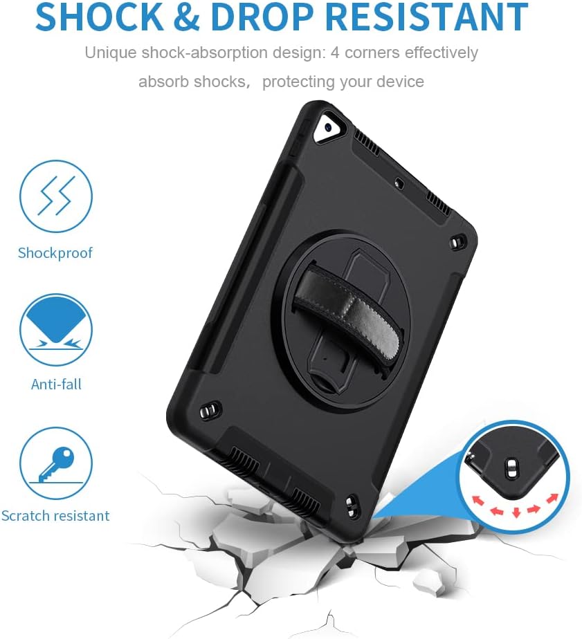 IPad Pro Case 10.2" for 7th/8th/9th Generation, 3-in-1 Protection, Screen Protector, Carrying Strap for Horizontal and Vertical use, Kickstand, Hand Strap on Rotating disc and Pencil Holder
