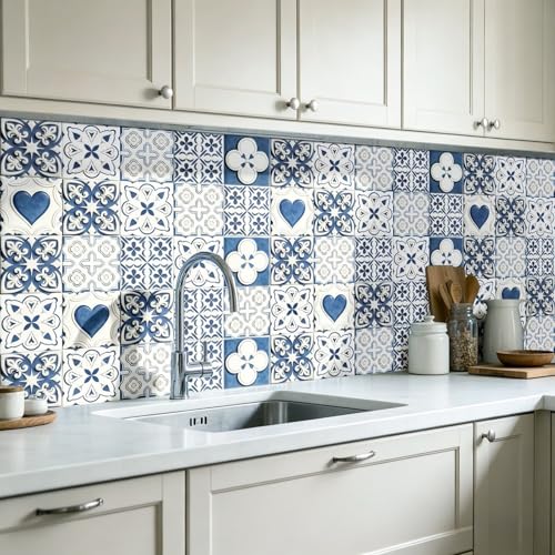 Vinilos Resistentes Al Calor 20x20cm Corazón Azul Blanca Baldosas Adhesivas Pared para Decoración | Material Vinilo Duradero, Impermeable y Fácil de Limpiar | Ideal para Cocina,Sala de Estar