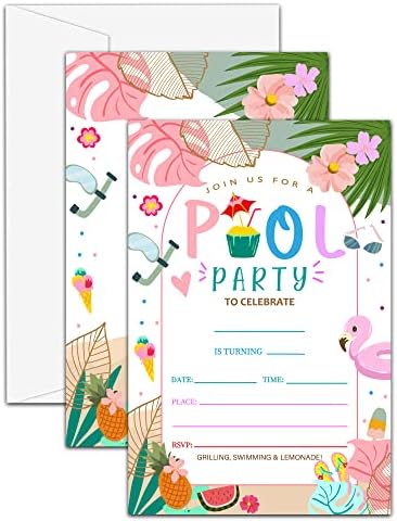 UTESG Pool Birthday Party Invitations, Tropica Hawaiian Birthday Invitations for Boys Girls, Summer Pool Birthday Party Decorations, Set of 20 Cards with 20 Envelopes (C05)