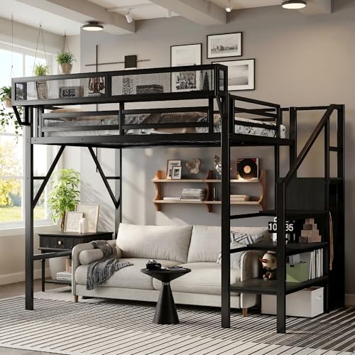 Mirightone Twin XL Size Loft Bed with Stairs and Storage, Metal Loft Bed Frame with A Shelf and Large Under-Bed Space, Heavy-Duty Loft Beds for Kids Boys Girls Teens, Black