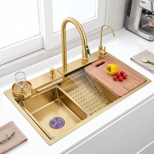Image of InArt All-in-One Waterfall Kitchen Sink, Brushed Gold Nano Stainless Steel, Single Bowl 30 x 18 Inches, with Pull-Out Faucet, RO Tap, Glass Rinser and Drain Basket
