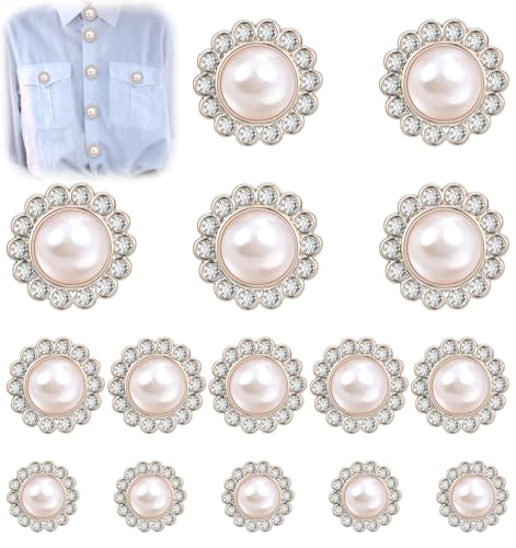 15Pcs Pearl Buttons for Clothes Gold Vintage Fancy Pearl Buttons for Sewing Round Shape Buckles Sew On Embellishments for Dresses Shirts DIY Crafts White & Gold (5 * 0.6in 5 * 0.83in 5 * 0.98in)