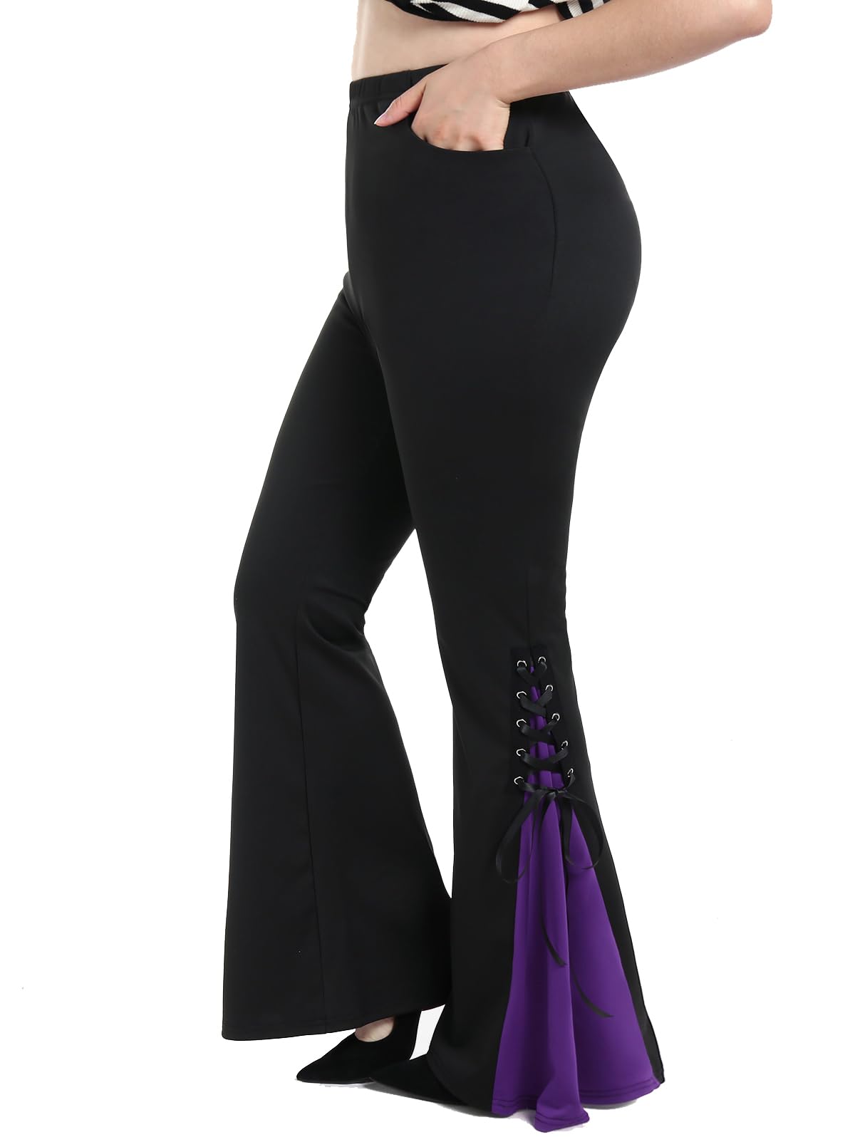 ROSE GAL Womens Plus Size Gothic Lace Up Two Tone Godet Hem Pull On Flare Pants