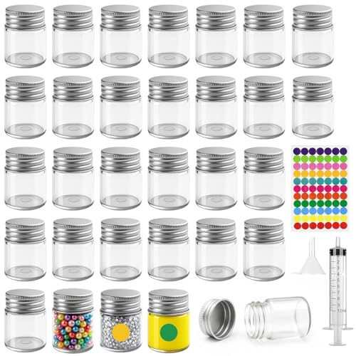 Ferenando 30 Pcs Tubes à Essai en Verre 15ml avec Bouchon à Vis en Aluminium, Petit Flacon en Verre, Mini Tube a Essai à Large Ouverture avec 4 Accessoires pour...