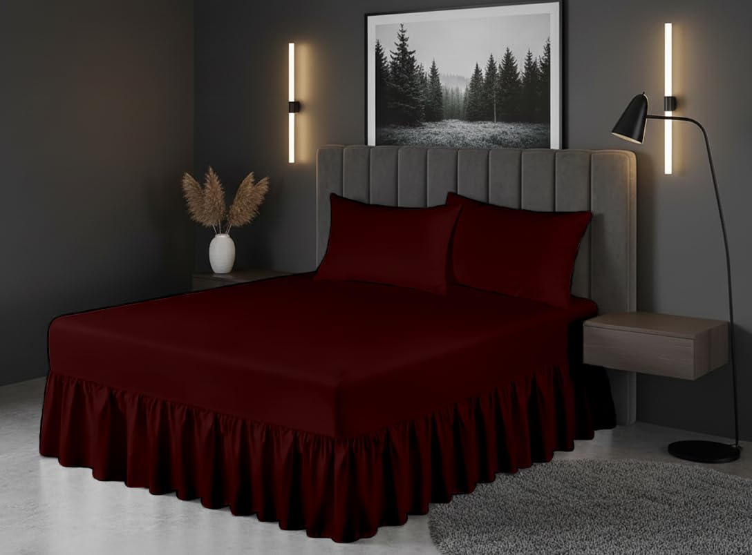 Luxury Polycotton Fitted Valance Sheet – Plain Dyed Bed Skirt Platform Base Cover, Easy Care, Wrinkle Resistant, (Burgundy, Super King)