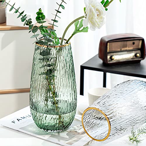 Vase Glasvase Zylinder Glasvasen Handgemacht Kristall Durchscheinend Grün Vasen Gold Linie Mund Blumenvase,für Home Office Dekor Geschenk für Hochzeit Weihnachten Einweihungsparty,27*14cm (Grün) Cover