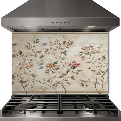 Golden Vine Cherry Blossom Backsplash, Elegant Marble Floral Stove Guard,