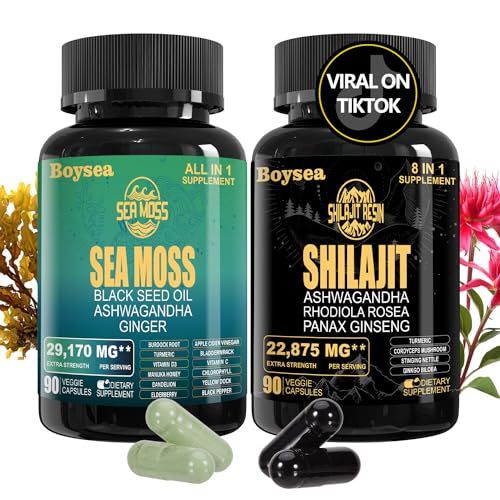 Boysea.sea Moss and shilajit Bundle - 90 Count - Sea Moss 7000mg, Black Seed Oil 4000mg, Ashwagandha 2000mg, Ginger & Shilajit 9000mg, Rhodiola Rosea 1000mg, All in 1 Supplements (1 Pack)