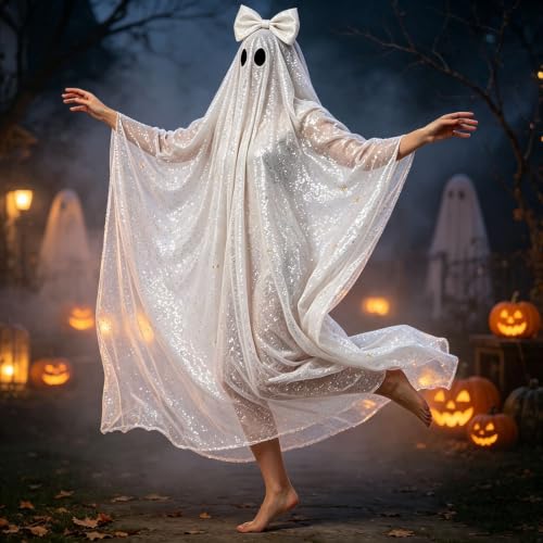 Women Sparkly Ghost Costume Halloween Ghost Poncho Dress Cosplay Outfit - image 2
