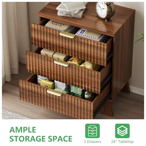 Image of Xixini Fluted Dresser for Bedroom with 3 Drawers, 24 inch Wide Modern Chest of Drawers with Metal Handle, Wooden Dresser TV Stand, Wood Closet Clothes Storage Organizer for Living Room, Hallway, Walnut