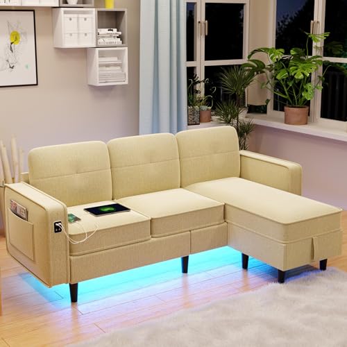 HNEBC Convertible Sectional Sofa Couch with LED Lights/USB/Type C Port, Modern L Shaped Couch with Auto Sensor Light, Reversible Sectional Couches with Storage Ottoman for Living Room (Beige)