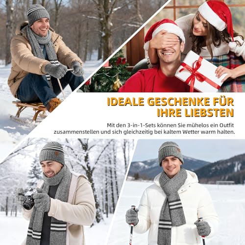 OZERO Unisex Schal Mütze Handschuhe 3er Set - Winteraccessoires Weiche Wolle - Winddicht & Wärmend - Touchscreen-Handschuhe - Geschenke für Herren/Paare/Familie