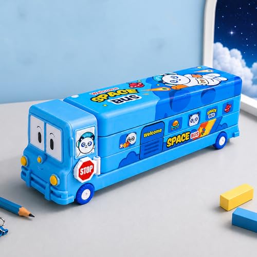 Image of Toyshine Cartoon Printed School Bus Matal Pencil Box with Moving Tyres and Sharpner for Kids - Blue