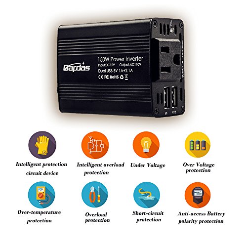 Bapdas 150W Car Power Inverter DC 12V to 110V AC Car Converter with 3.1A Dual USB Car Adapter-Black