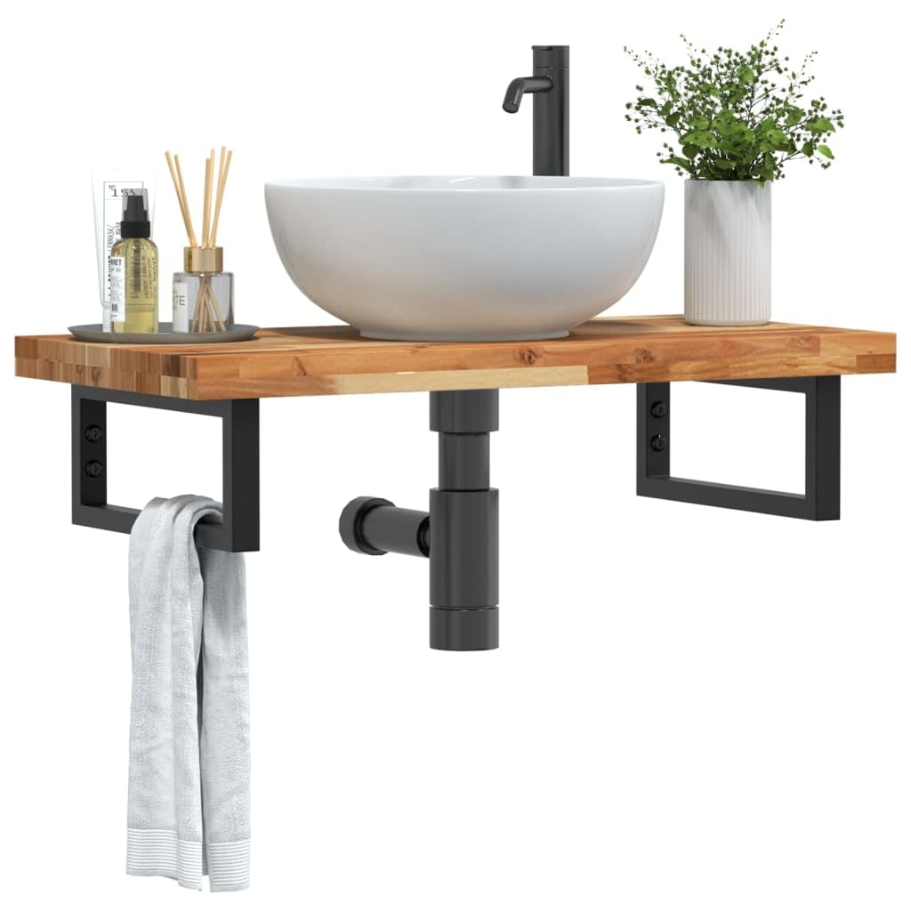 Estantería para lavabo de pared de acero y madera de acacia, 60 x 40 cm, 2 soportes, ahorra espacio, resistente, versátil para baño y lavabo