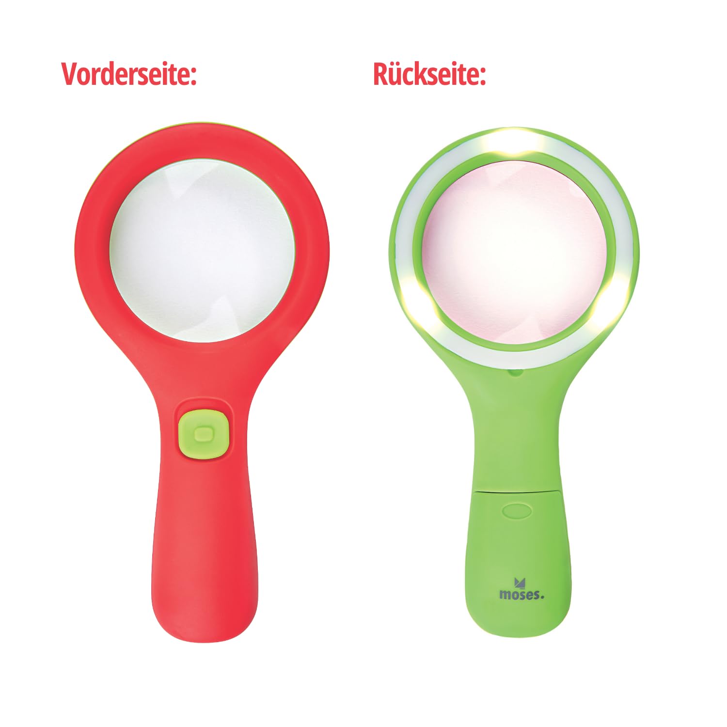 Moses 16124 Krabbelkäfer - Lente d'ingrandimento con luce, per bambini dai 3 anni in su, con 3 LED, colore: rosso e verde