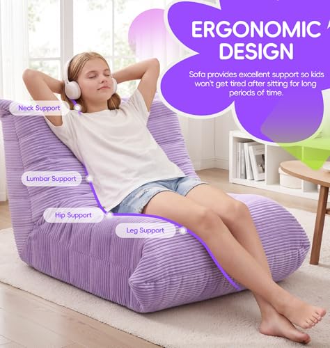 Image of Hobestluk Medium Bean Bag Chair Faux Fur Fabric BeanBag Couch for Playroom | Purple Corduroy,Ergonomic Design,Memory Foam,Strong Supportive,No Assembly Required,DecorativeStyle for Living Room Bedroom