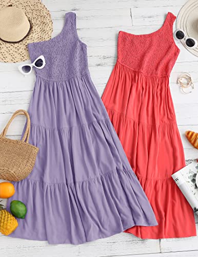 Image of ZESICA Women's 2026 Bohemian Summer Floral Print One Shoulder Sleeveless Smocked Ruffle Tiered Beach Long Midi Dress