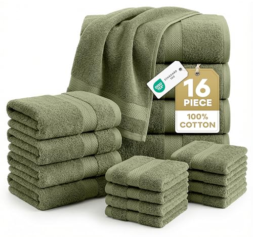 Lane Linen 100% Cotton Luxury Bath Towel Set - 16 Pieces - Ring Spun, Super Soft & Highly Absorbent - 4 Bath, 8 Washcloths, 4 Hand Towels for Bathroom - Minimal Lint & Fading, Pre Shrunk - Olive Green