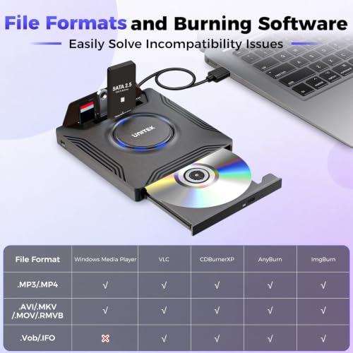 Image of Unitek External CD DVD Drive for Laptop, 7 in 1 USB C Disc Reader with SATA