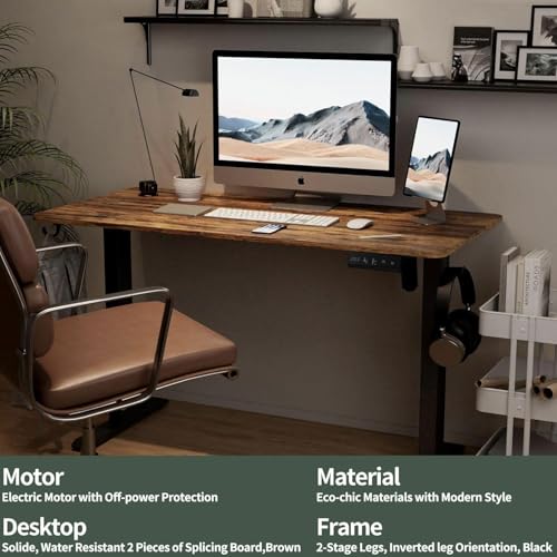 TIQLAB Electric Standing Desk, Adjustable Height Stand up Desk, 55 * 28 Inches Sit Stand Home Office Table with Splice Board, Rustic Brown