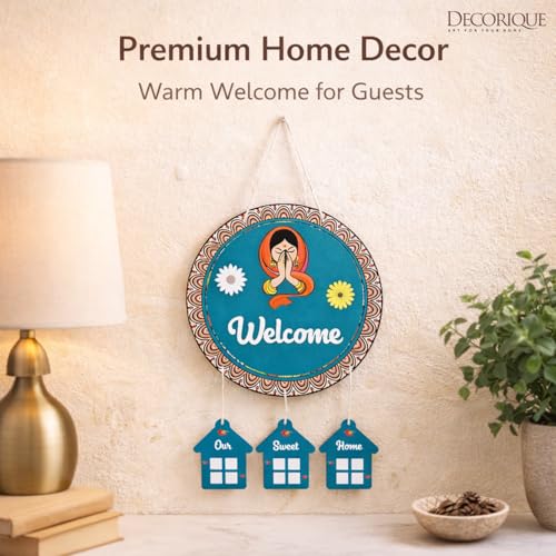 Image of DECORIQUE Wooden Wall Hanging Welcome Sign - Decorative Quote Board for Home, Door, Entrance, Hall & Office - Rustic Wall Art & Housewarming Gift Item