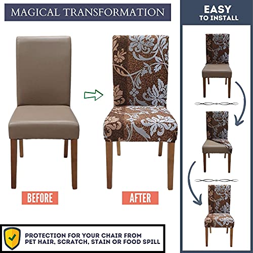 Image of SPRINGRICO Chair Covers for Dining Room, Universal Stretch Fit Washable Kitchen Parson Seat Cover, Spandex Removable Protector Slipcover for Restaurant, Hotel, Ceremony (Set of 4, Floral BROWN1)