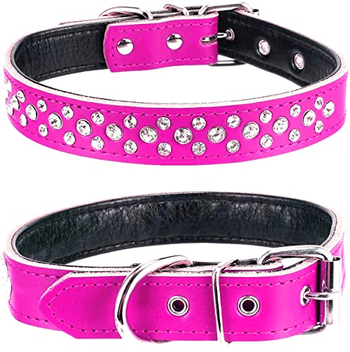 Haoyueer Collare per cani con strass, regolabile, con borchie di cristalli scintillanti, in vera pelle, per cani di piccola e media taglia (M, fucsia)