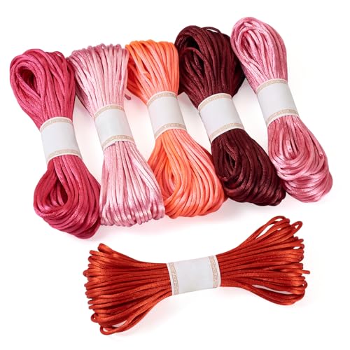 Beadthoven - 6 paquetes de cordón de nailon satinado de 3 mm, cuerda de anudar, cordón de poliéster para hacer pulseras, joyas, macramé, nudo chino, manualidades, serie roja
