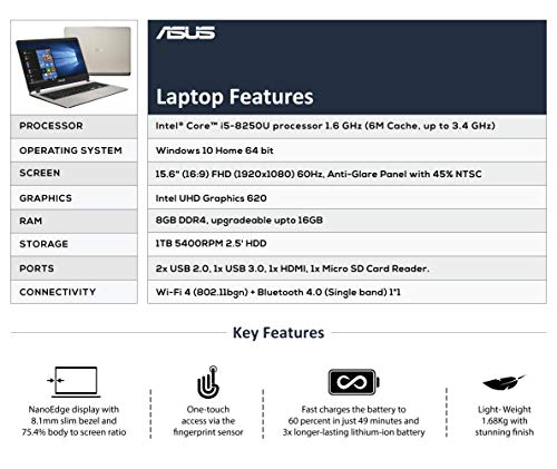 Image of ASUS VivoBook X507UA Intel Core i5 8th Gen 15.6-inch FHD Thin and Light Laptop (8GB RAM /1TB HDD /Windows 10 /Integrated Graphics /Icicle Gold /1.68 kg), X507UA-EJ859T