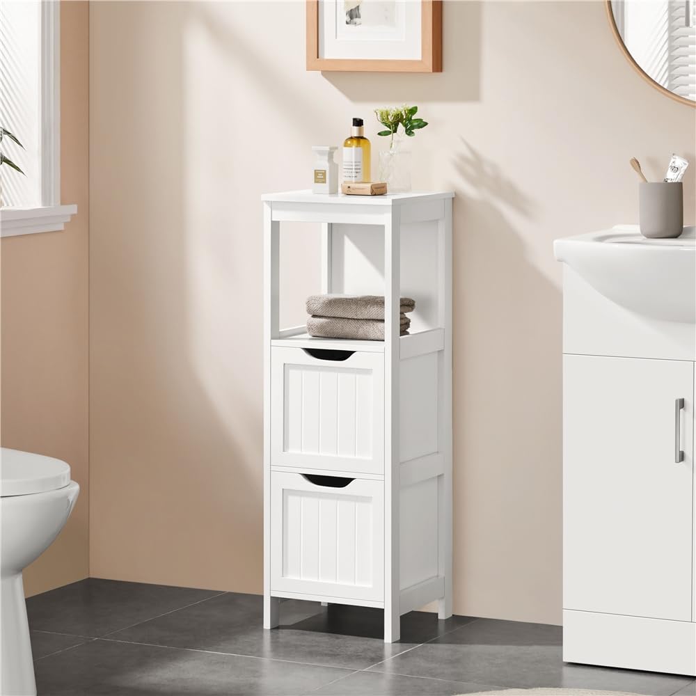 Yaheetech Meuble Rangement Salle de Bain 30 x 30 x 89 cm Blanc | Colonne Salle de Bain, Armoire Toilette avec à 2 Tiroirs et 1 Compartiment Ouvert, pour Salle de Bain, Salon, Cuisine