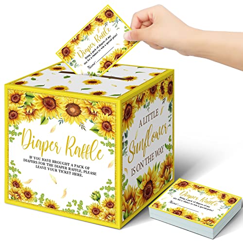 Image of Teling 51 Pieces Diaper Raffle Tickets with Card Box Baby Shower Decorations Baby Shower Holder Box for Girl Boy Diaper Raffle Party(Sunflower)
